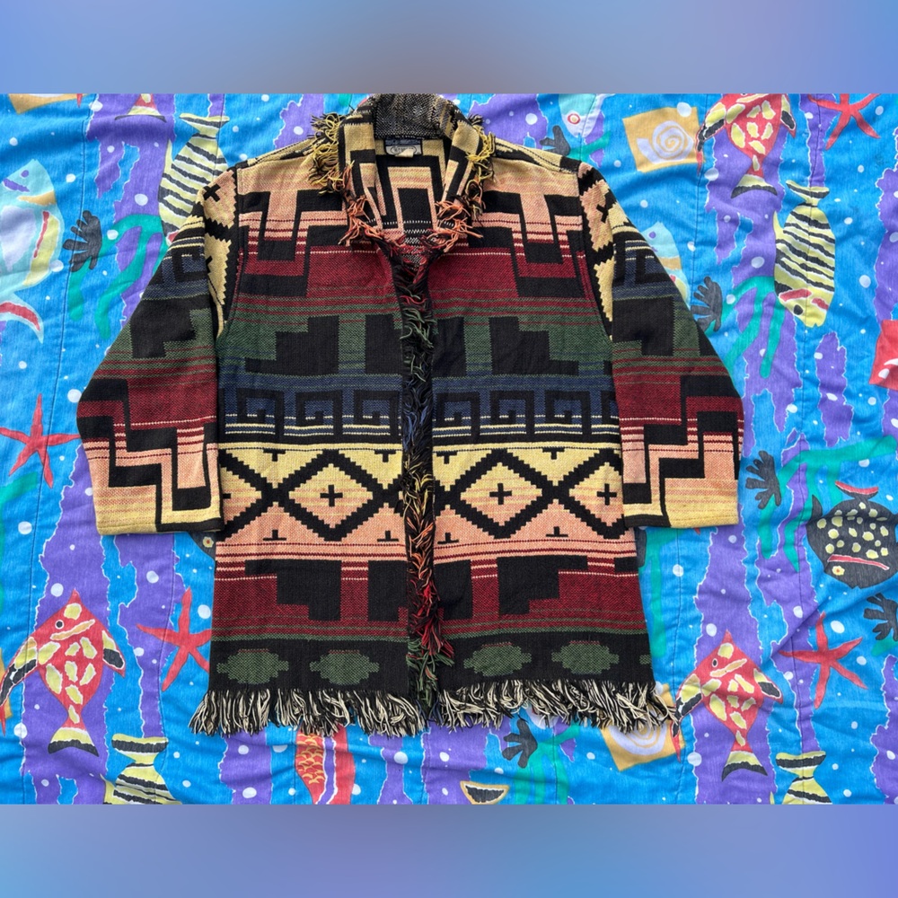Womens vintage southwestern multi colored Wrapper fringe sweater made in the USA